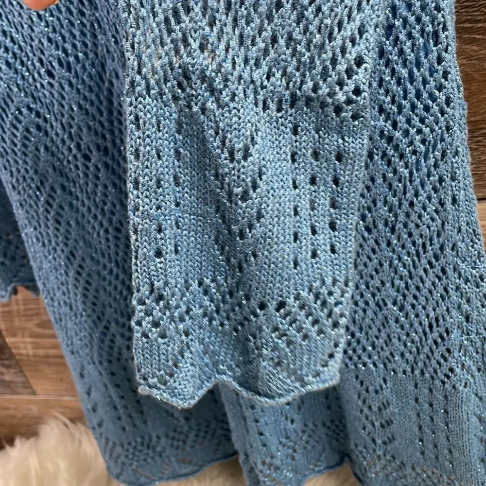 Joseph A Ladies Open Knit Sweater Sz Medium Blue W/Silver Threads Built in Camis